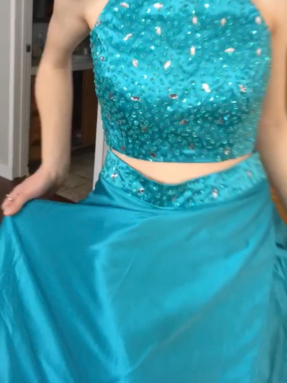 A-Line Satin Prom Skirt in Teal - Picture 3 of 11